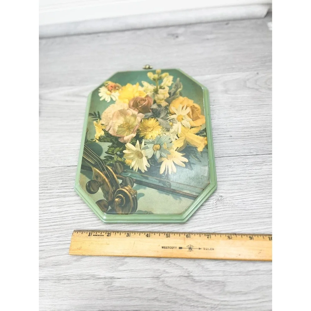 Vintage Floral Print on‎ Green Wood: Violin & Butterfly Art